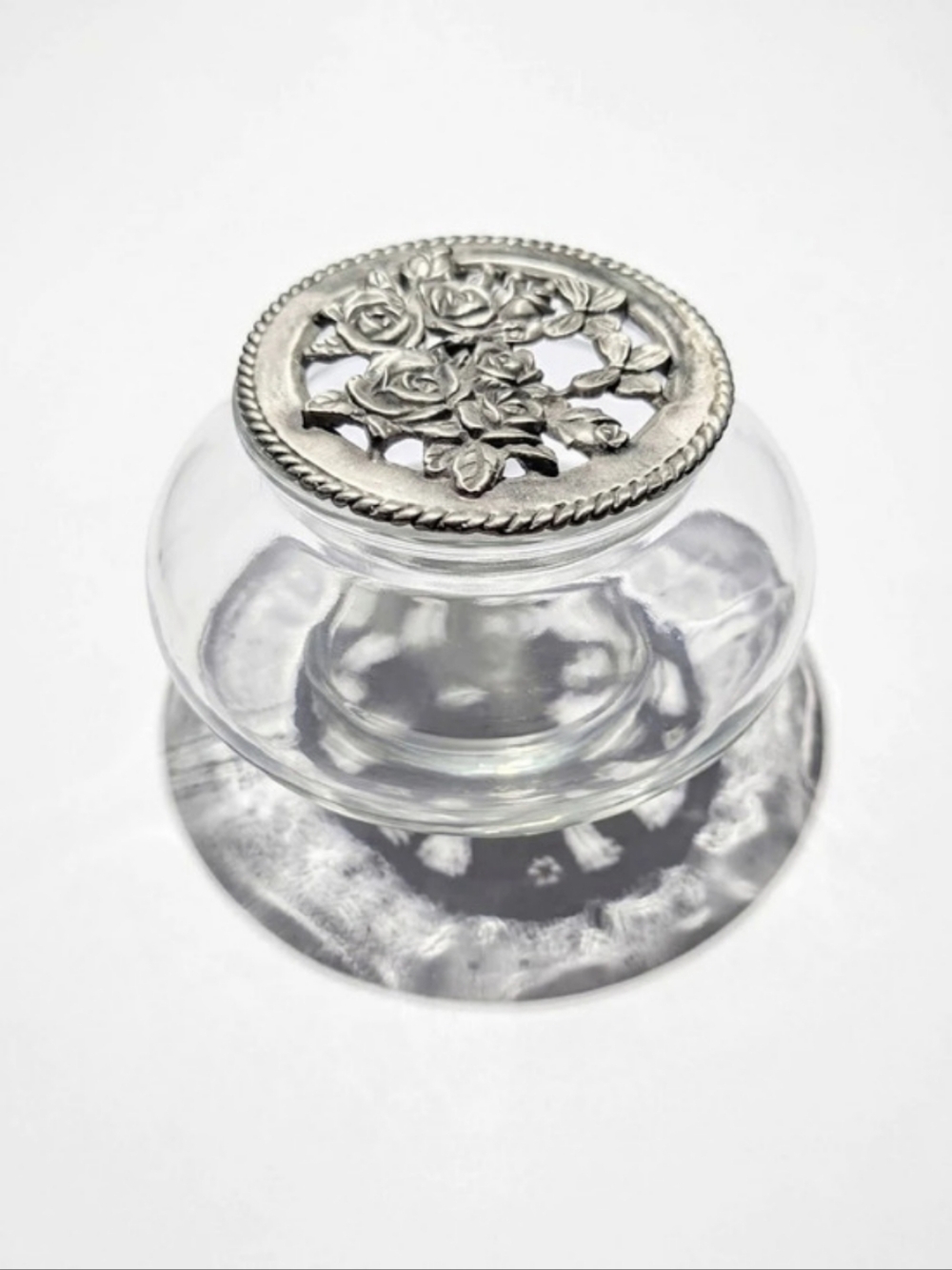 Vintage Glass & Metal Rose Potpourri Jar Pomander (Pewter-tone)